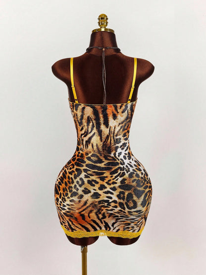 Amplova Y2K Sexy Leopard Print Party Club Yellow Lace Cup Detail Tropical Floral Mesh Bodycon Mini Dress Cheetah Outfits Two Piece Animal Set Summer