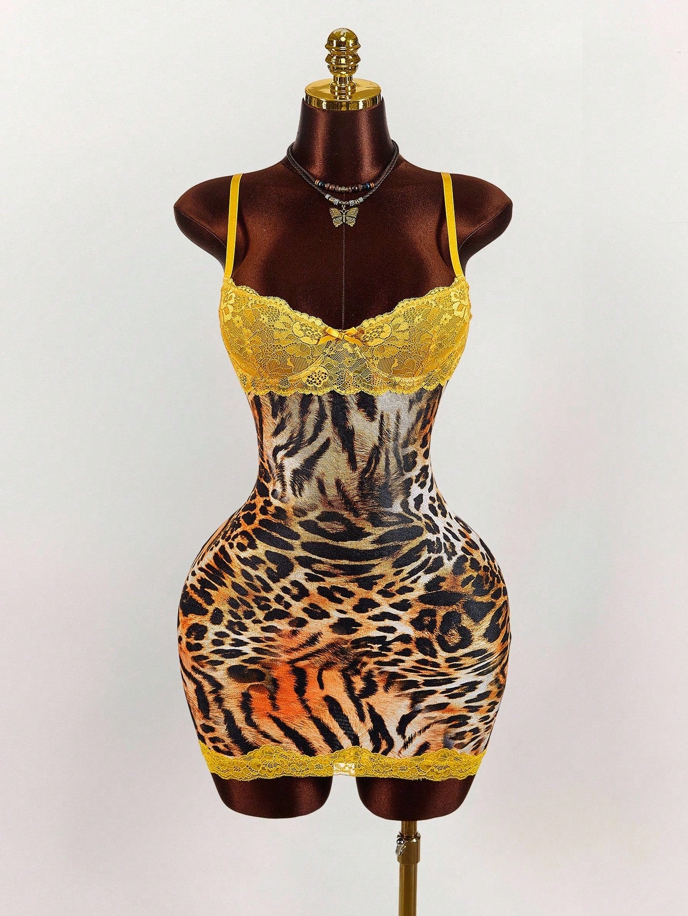 Amplova Y2K Sexy Leopard Print Party Club Yellow Lace Cup Detail Tropical Floral Mesh Bodycon Mini Dress Cheetah Outfits Two Piece Animal Set Summer