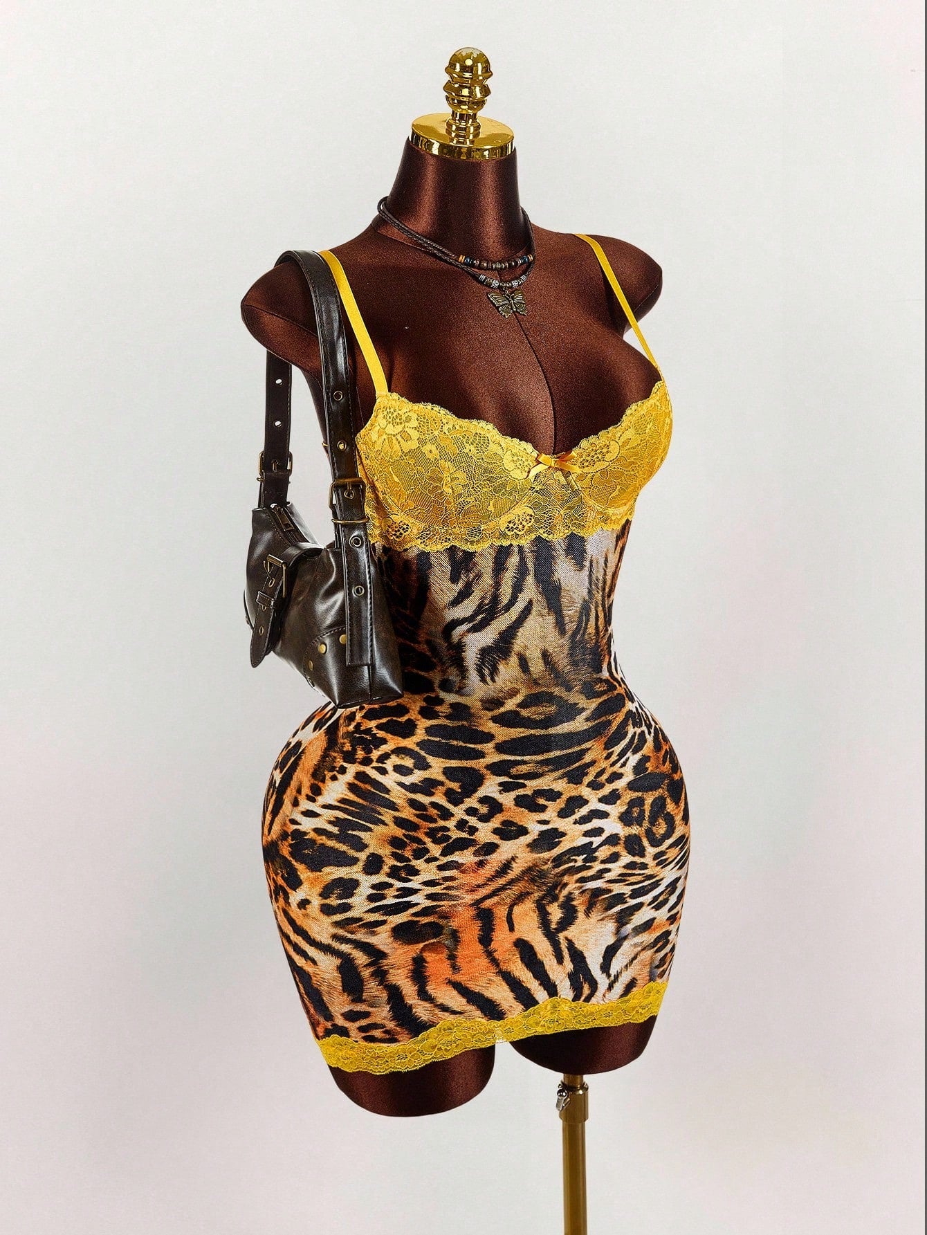 Amplova Y2K Sexy Leopard Print Party Club Yellow Lace Cup Detail Tropical Floral Mesh Bodycon Mini Dress Cheetah Outfits Two Piece Animal Set Summer