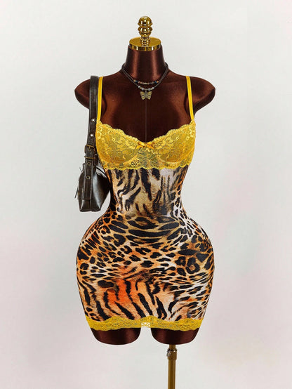 Amplova Y2K Sexy Leopard Print Party Club Yellow Lace Cup Detail Tropical Floral Mesh Bodycon Mini Dress Cheetah Outfits Two Piece Animal Set Summer