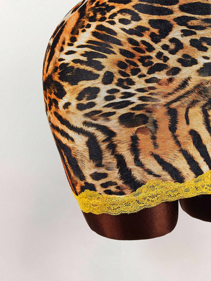 Amplova Y2K Sexy Leopard Print Party Club Yellow Lace Cup Detail Tropical Floral Mesh Bodycon Mini Dress Cheetah Outfits Two Piece Animal Set Summer