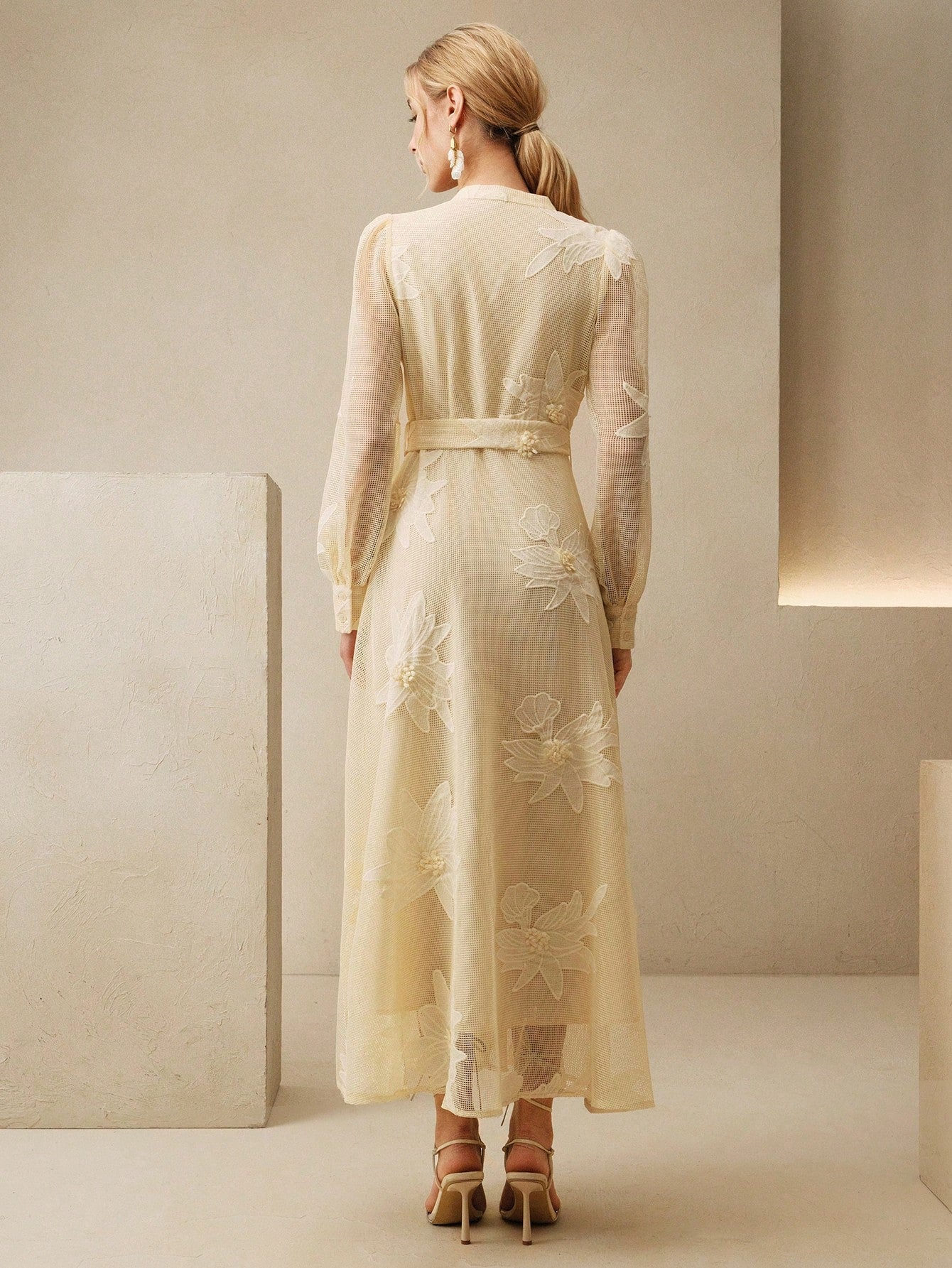 Anewsta Elegant Floral Embroidery Sheer Puff Sleeve Tie Waist Women Dress