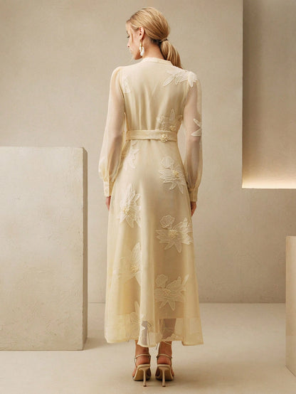 Anewsta Elegant Floral Embroidery Sheer Puff Sleeve Tie Waist Women Dress