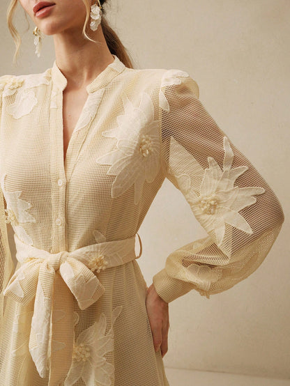 Anewsta Elegant Floral Embroidery Sheer Puff Sleeve Tie Waist Women Dress