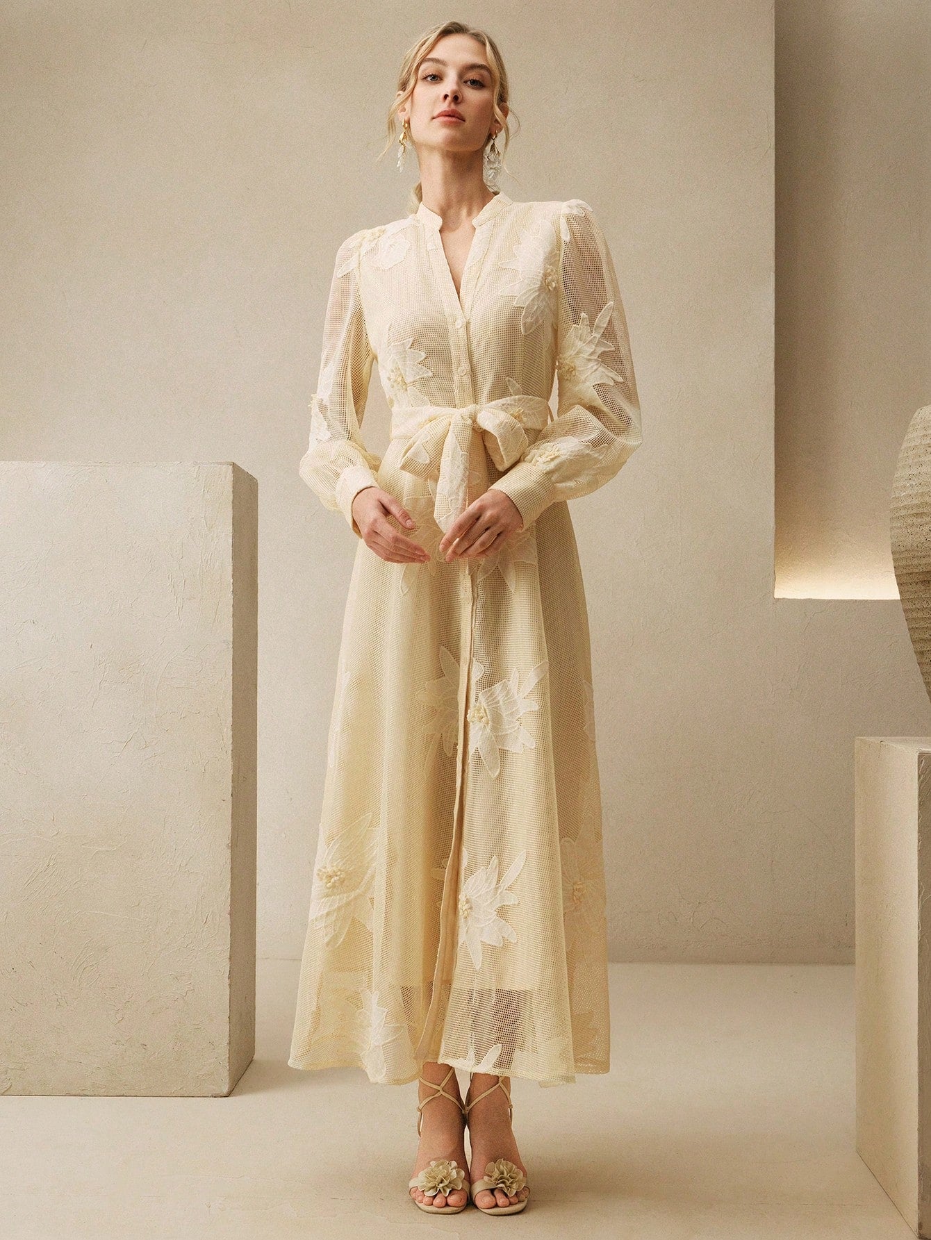 Anewsta Elegant Floral Embroidery Sheer Puff Sleeve Tie Waist Women Dress
