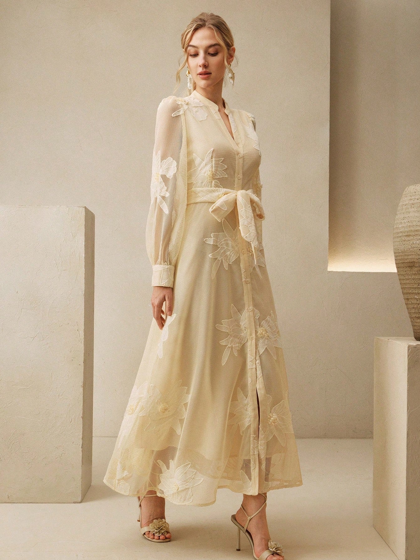 Anewsta Elegant Floral Embroidery Sheer Puff Sleeve Tie Waist Women Dress