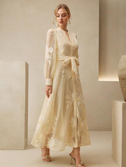 Anewsta Elegant Floral Embroidery Sheer Puff Sleeve Tie Waist Women Dress