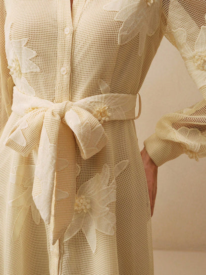 Anewsta Elegant Floral Embroidery Sheer Puff Sleeve Tie Waist Women Dress