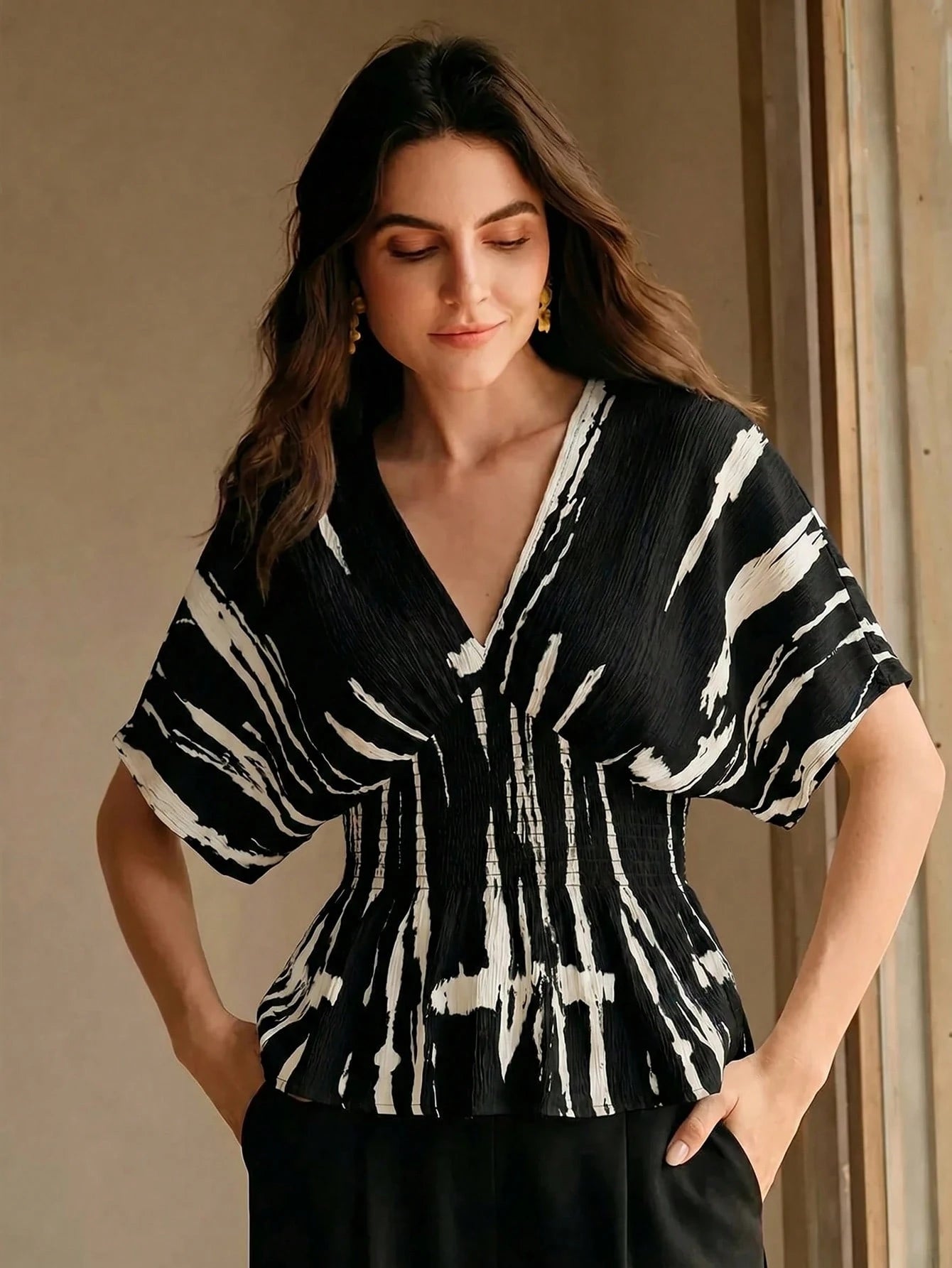 Anewsta Elegant Ink Painting Pleated Texture Vintage Ink Print Shirred Shirred Waist Top For Women, Summer
