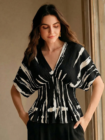 Anewsta Elegant Ink Painting Pleated Texture Vintage Ink Print Shirred Shirred Waist Top For Women, Summer
