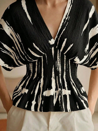 Anewsta Elegant Ink Painting Pleated Texture Vintage Ink Print Shirred Shirred Waist Top For Women, Summer