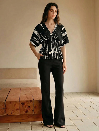 Anewsta Elegant Ink Painting Pleated Texture Vintage Ink Print Shirred Shirred Waist Top For Women, Summer