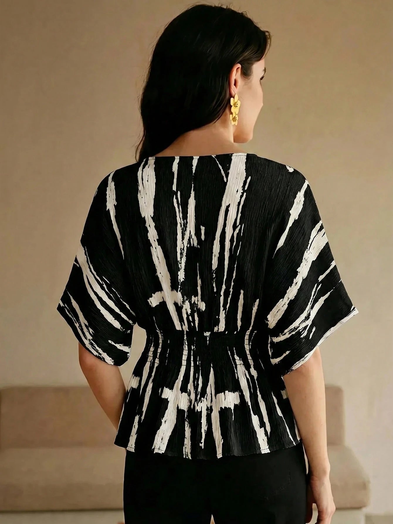 Anewsta Elegant Ink Painting Pleated Texture Vintage Ink Print Shirred Shirred Waist Top For Women, Summer
