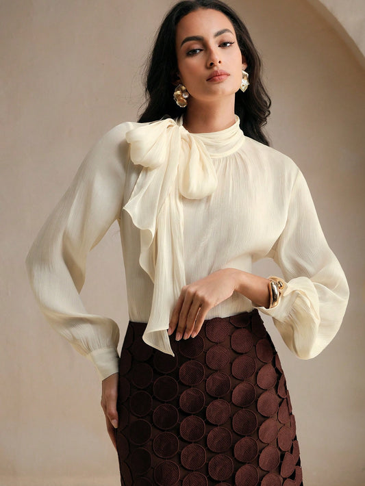 Anewsta Essential Women's High Neck Long Sleeve Tie Cuff Elegant Chic Commuter Blouse With Bowknot