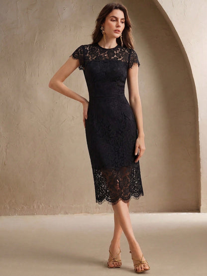 Anewsta Women's Black Lace Bodycon Cocktail Dress, Cap Sleeve, Elegant Party & Bridesmaid Dress, Summer New Arrival