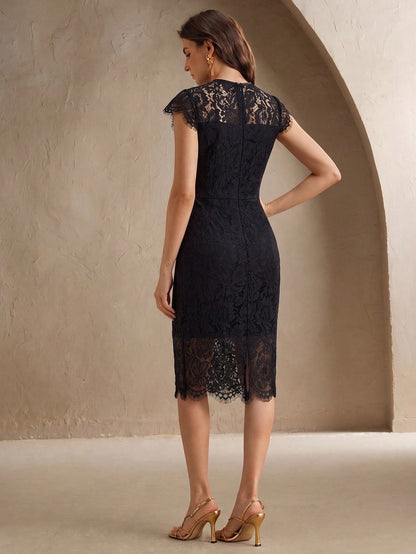 Anewsta Women's Black Lace Bodycon Cocktail Dress, Cap Sleeve, Elegant Party & Bridesmaid Dress, Summer New Arrival