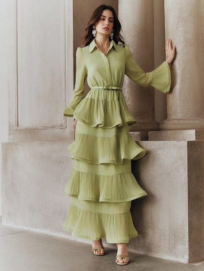 Anewsta Women's Elegant Ruffle Sleeve Solid Color Belted Dress With Pleated Hem, Suitable For Party
