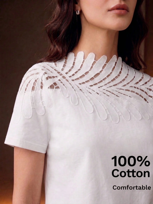 Anewsta Women's Elegant Vacation, Leaf Trim Collar Splice White Short Sleeve T-Shirt