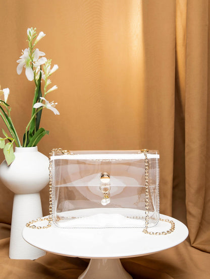 Argyle Princess Faux Pearl & Rhinestone Pearl Chain & Decor Faux Pearl Decor Transparent Flap Chain Square Bag For Party, Wedding, Prom And Dinner, Lipsticks, Women's Pearl Bag, Waterproof, Sandproof