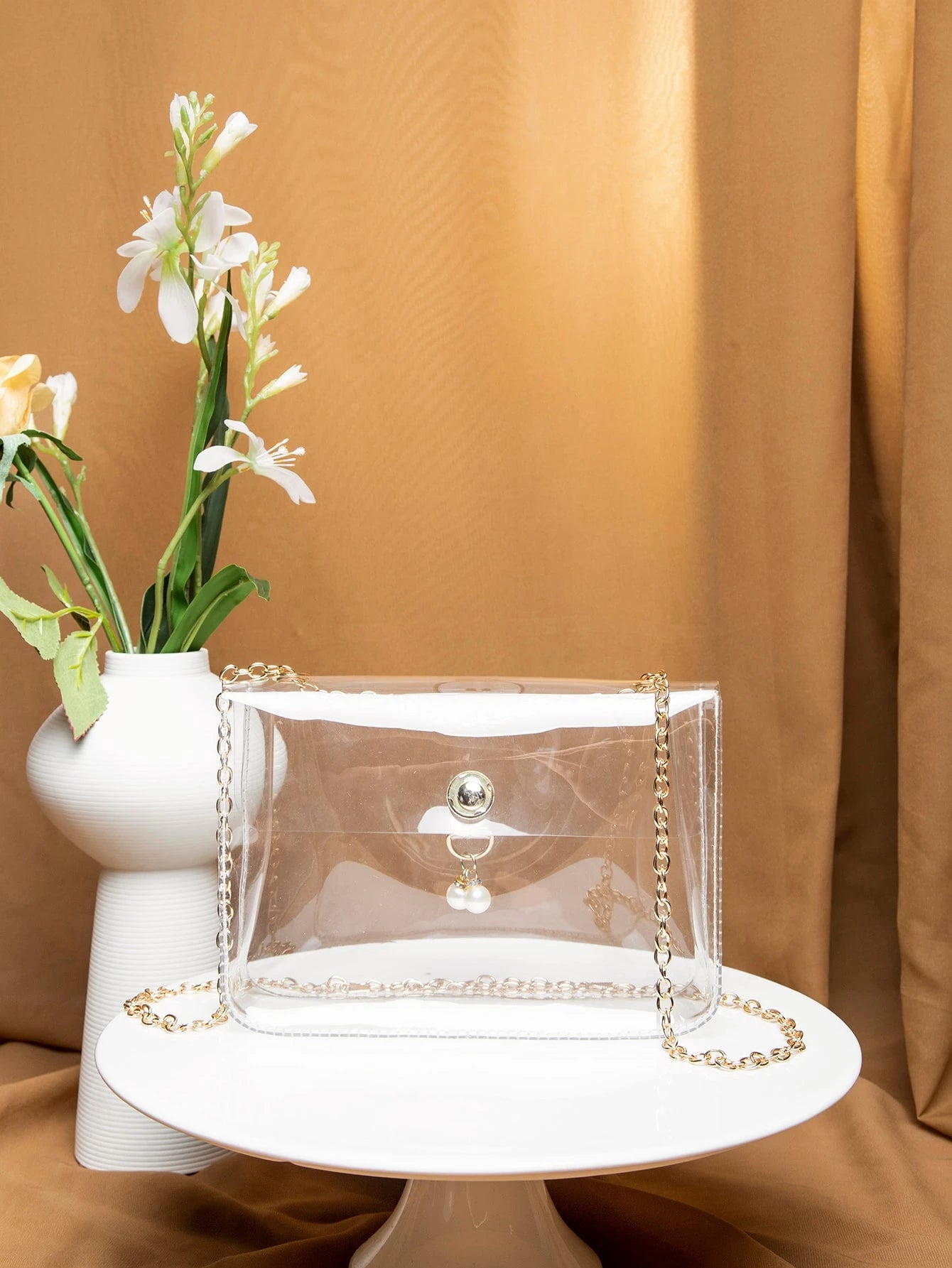 Argyle Princess Faux Pearl & Rhinestone Pearl Chain & Decor Faux Pearl Decor Transparent Flap Chain Square Bag For Party, Wedding, Prom And Dinner, Lipsticks, Women's Pearl Bag, Waterproof, Sandproof