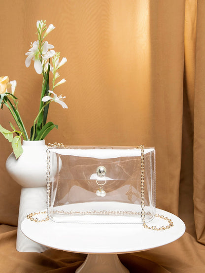 Argyle Princess Faux Pearl & Rhinestone Pearl Chain & Decor Faux Pearl Decor Transparent Flap Chain Square Bag For Party, Wedding, Prom And Dinner, Lipsticks, Women's Pearl Bag, Waterproof, Sandproof