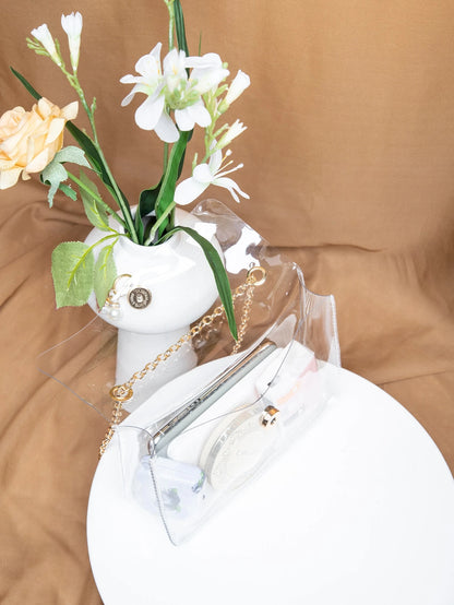 Argyle Princess Faux Pearl & Rhinestone Pearl Chain & Decor Faux Pearl Decor Transparent Flap Chain Square Bag For Party, Wedding, Prom And Dinner, Lipsticks, Women's Pearl Bag, Waterproof, Sandproof