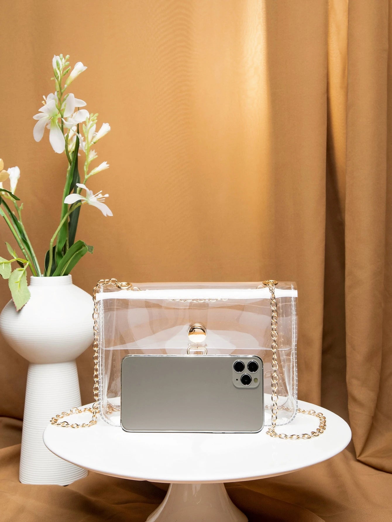 Argyle Princess Faux Pearl & Rhinestone Pearl Chain & Decor Faux Pearl Decor Transparent Flap Chain Square Bag For Party, Wedding, Prom And Dinner, Lipsticks, Women's Pearl Bag, Waterproof, Sandproof