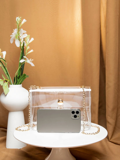 Argyle Princess Faux Pearl & Rhinestone Pearl Chain & Decor Faux Pearl Decor Transparent Flap Chain Square Bag For Party, Wedding, Prom And Dinner, Lipsticks, Women's Pearl Bag, Waterproof, Sandproof