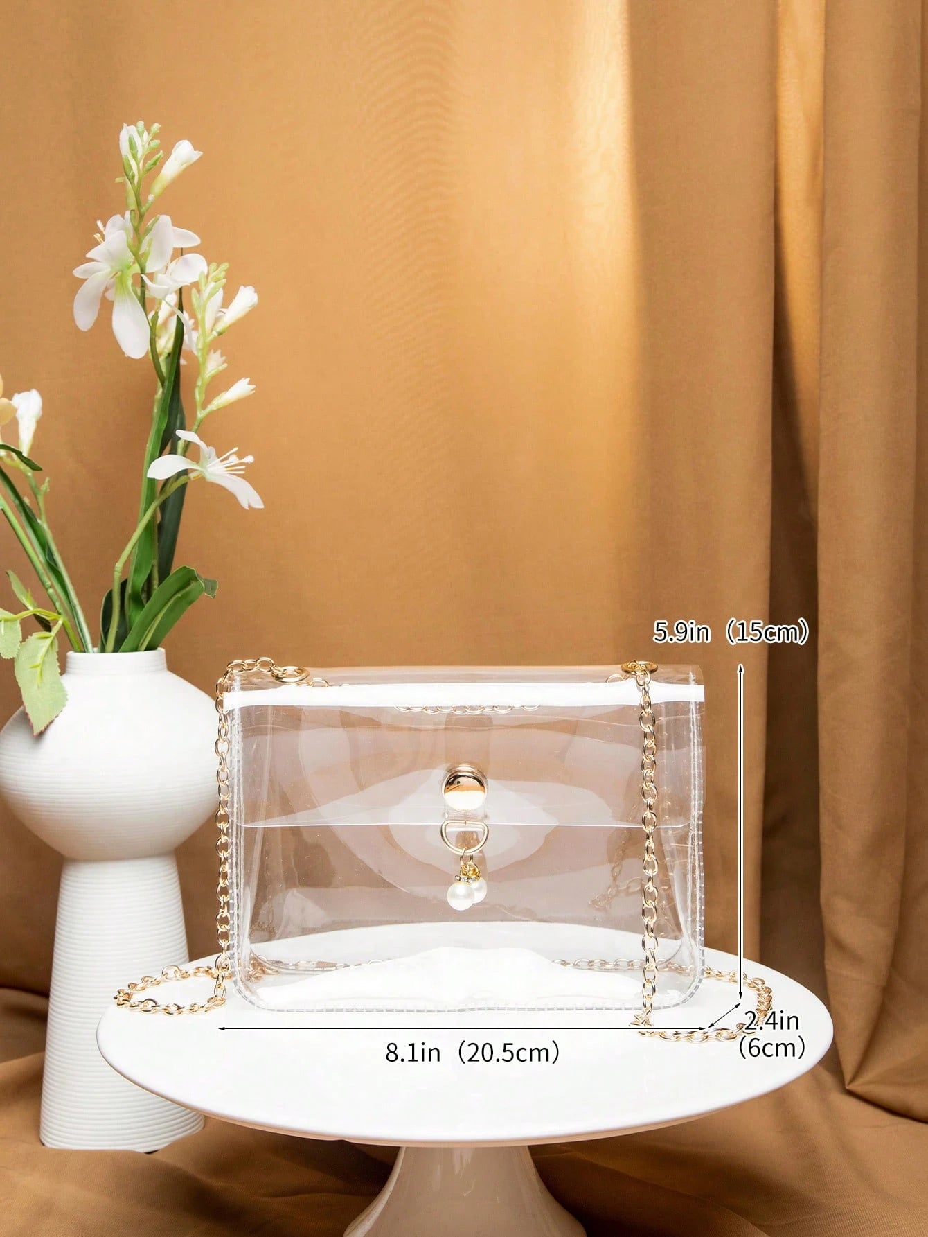 Argyle Princess Faux Pearl & Rhinestone Pearl Chain & Decor Faux Pearl Decor Transparent Flap Chain Square Bag For Party, Wedding, Prom And Dinner, Lipsticks, Women's Pearl Bag, Waterproof, Sandproof