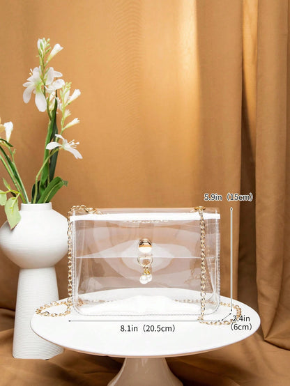 Argyle Princess Faux Pearl & Rhinestone Pearl Chain & Decor Faux Pearl Decor Transparent Flap Chain Square Bag For Party, Wedding, Prom And Dinner, Lipsticks, Women's Pearl Bag, Waterproof, Sandproof