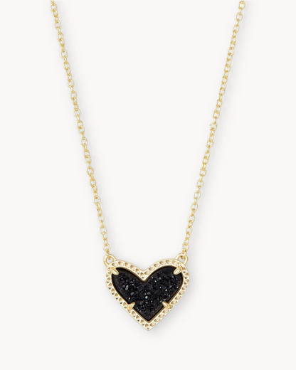 Ari Heart Short Pendant Necklace Gold Black Drusy