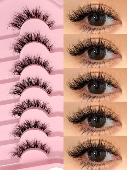 Asiteo 7 Pairs Transparent False Eyelashes, Faux Mink Cat Eye Lashes, Natural Fluffy Curly Thick False Eyelashes, Makeup Travel Essentials