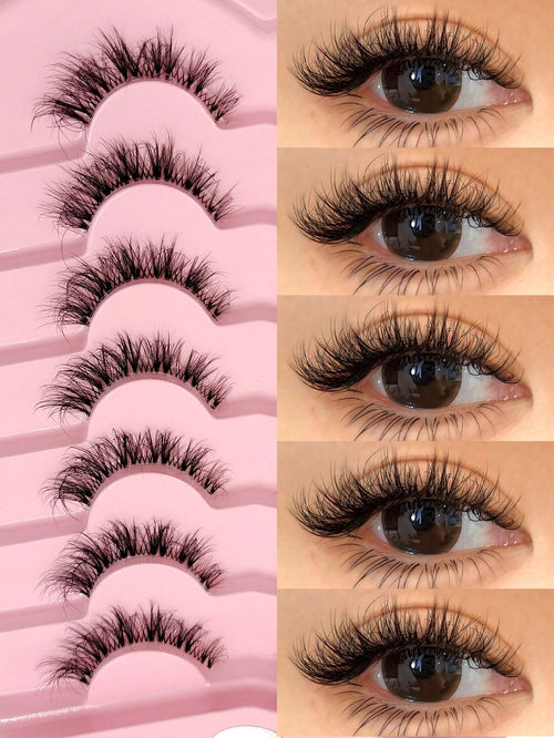Asiteo 7 Pairs Transparent False Eyelashes, Faux Mink Cat Eye Lashes, Natural Fluffy Curly Thick False Eyelashes, Makeup Travel Essentials