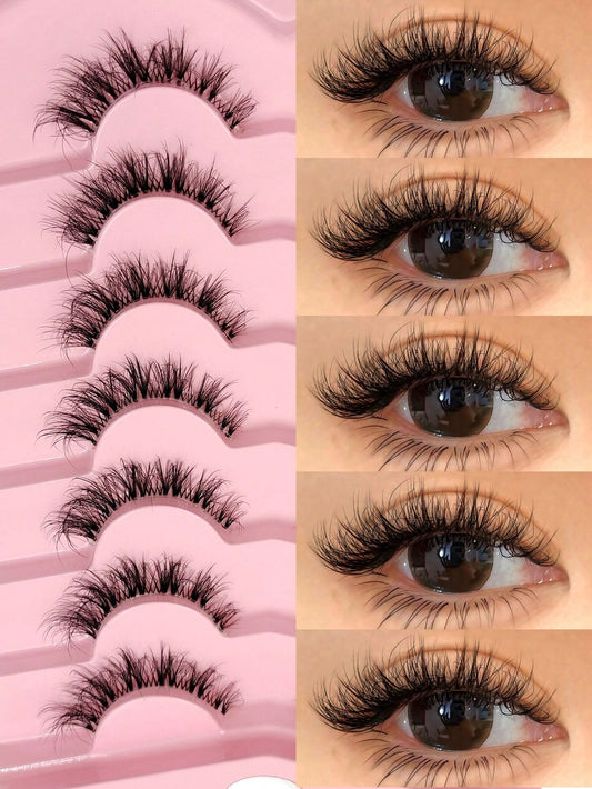 Asiteo 7 Pairs Transparent False Eyelashes, Faux Mink Cat Eye Lashes, Natural Fluffy Curly Thick False Eyelashes, Makeup Travel Essentials