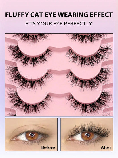 Asiteo 7 Pairs Transparent False Eyelashes, Faux Mink Cat Eye Lashes, Natural Fluffy Curly Thick False Eyelashes, Makeup Travel Essentials