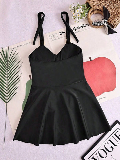 Asymmetrical Metal Decor Cloud Feeling One Piece Swimsuit, Suitable For Beach Vacation Black Summer PU3J