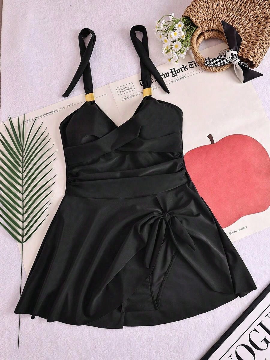 Asymmetrical Metal Decor Cloud Feeling One Piece Swimsuit, Suitable For Beach Vacation Black Summer PU3J
