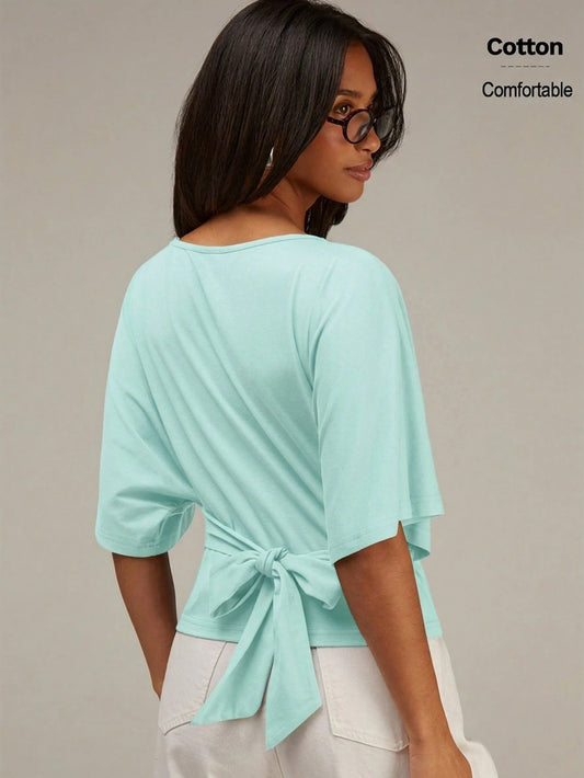 Athîral Women's Cotton Teal Round Neck Batwing Sleeve Casual Top With Knot Detail At Back,Daily Wear,Light Blue Top,Going Out Top,Basic Tops,Back To School