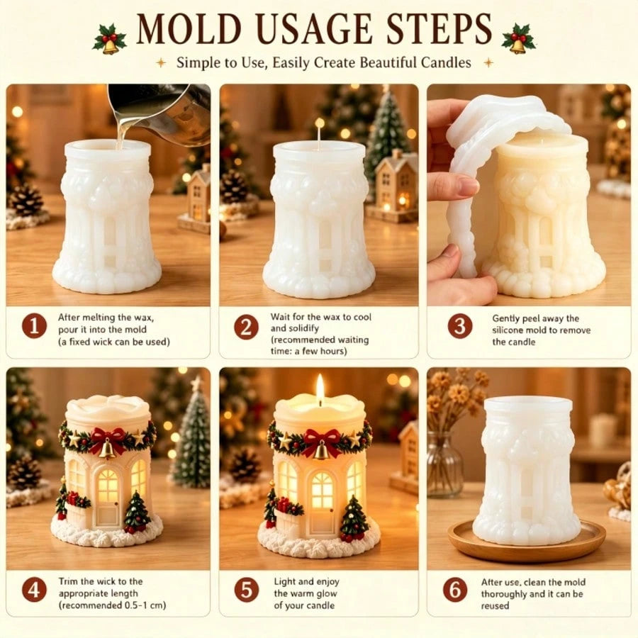 Atmospheric Christmas House Silicone Candle Mold, Christmas Tree Clock Wreath Villa Aromatherapy Candle Making Mold, Suitable For Soap, Plaster, Soy Wax, Resin Crafting, Christmas Indoor Tabletop Deco