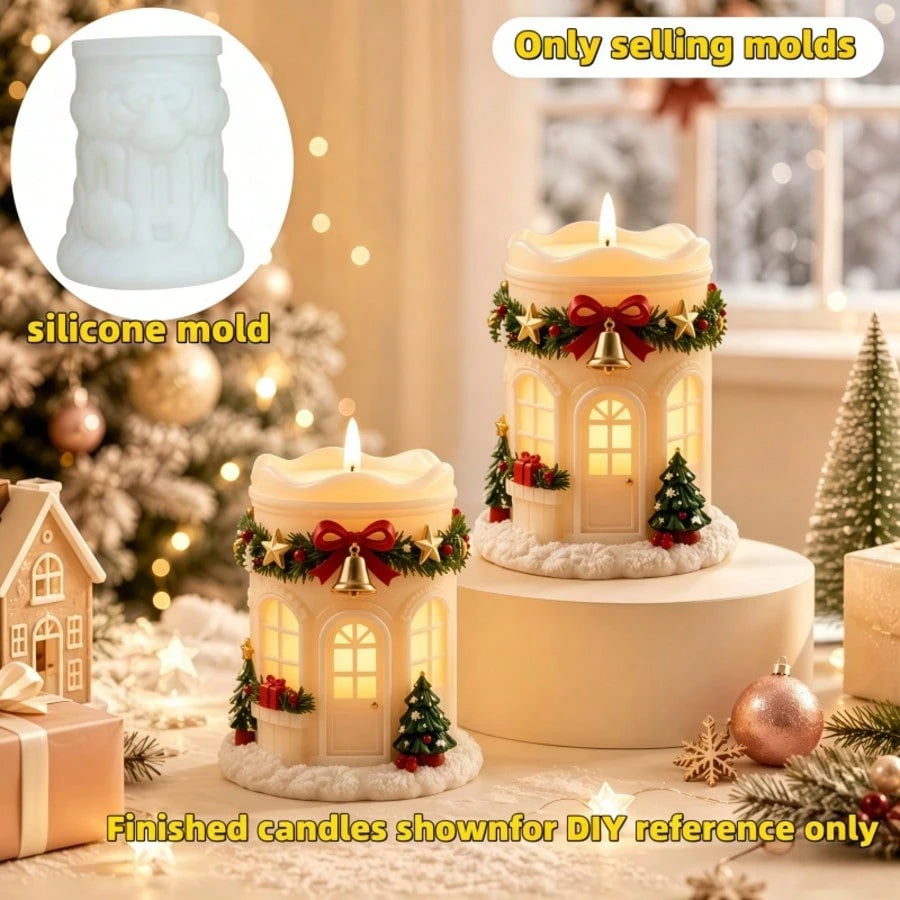 Atmospheric Christmas House Silicone Candle Mold, Christmas Tree Clock Wreath Villa Aromatherapy Candle Making Mold, Suitable For Soap, Plaster, Soy Wax, Resin Crafting, Christmas Indoor Tabletop Deco