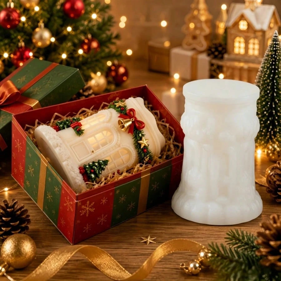 Atmospheric Christmas House Silicone Candle Mold, Christmas Tree Clock Wreath Villa Aromatherapy Candle Making Mold, Suitable For Soap, Plaster, Soy Wax, Resin Crafting, Christmas Indoor Tabletop Deco