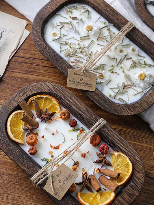 Atmospheric Dried Flower Wooden Bowl Scented Candle, INS Style Multi-Wick Smokeless Pure Plant Wax Home Decor Ornament