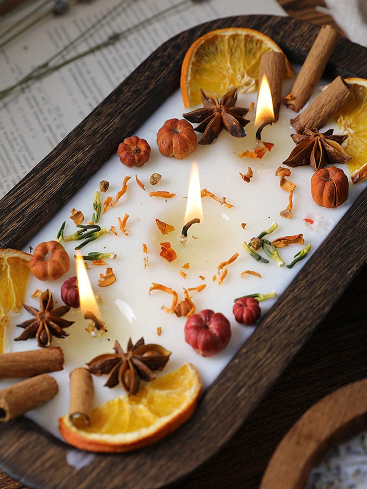 Atmospheric Dried Flower Wooden Bowl Scented Candle, INS Style Multi-Wick Smokeless Pure Plant Wax Home Decor Ornament