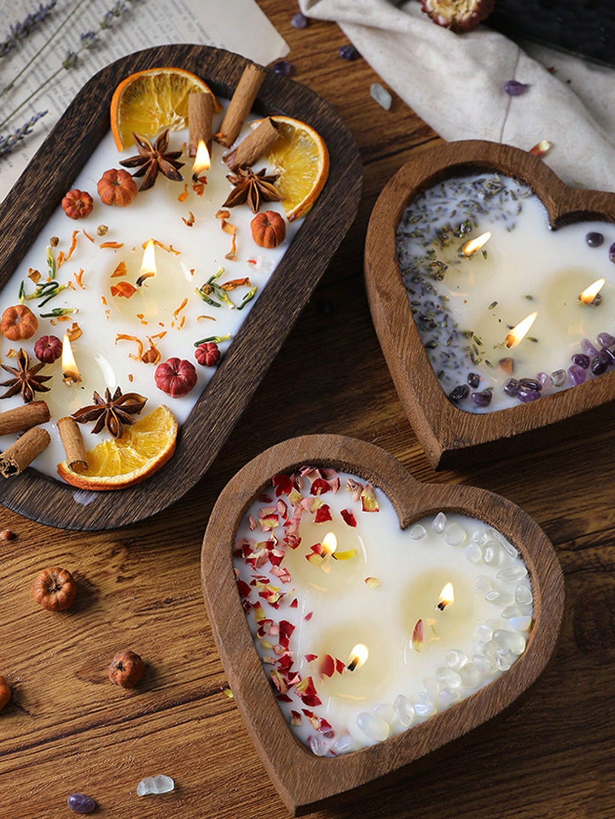 Atmospheric Dried Flower Wooden Bowl Scented Candle, INS Style Multi-Wick Smokeless Pure Plant Wax Home Decor Ornament