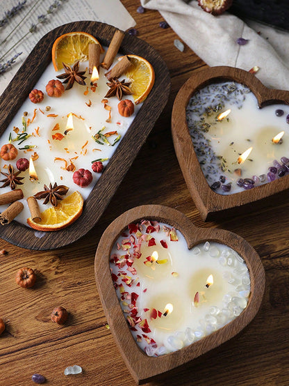 Atmospheric Dried Flower Wooden Bowl Scented Candle, INS Style Multi-Wick Smokeless Pure Plant Wax Home Decor Ornament