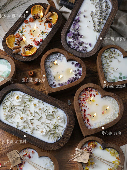Atmospheric Dried Flower Wooden Bowl Scented Candle, INS Style Multi-Wick Smokeless Pure Plant Wax Home Decor Ornament