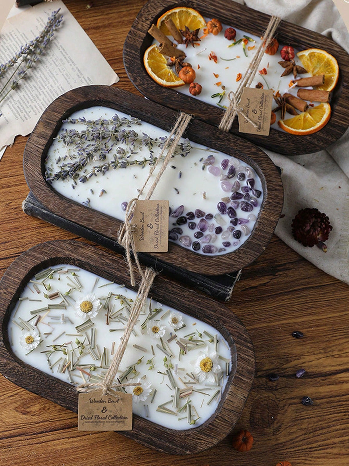 Atmospheric Dried Flower Wooden Bowl Scented Candle, INS Style Multi-Wick Smokeless Pure Plant Wax Home Decor Ornament