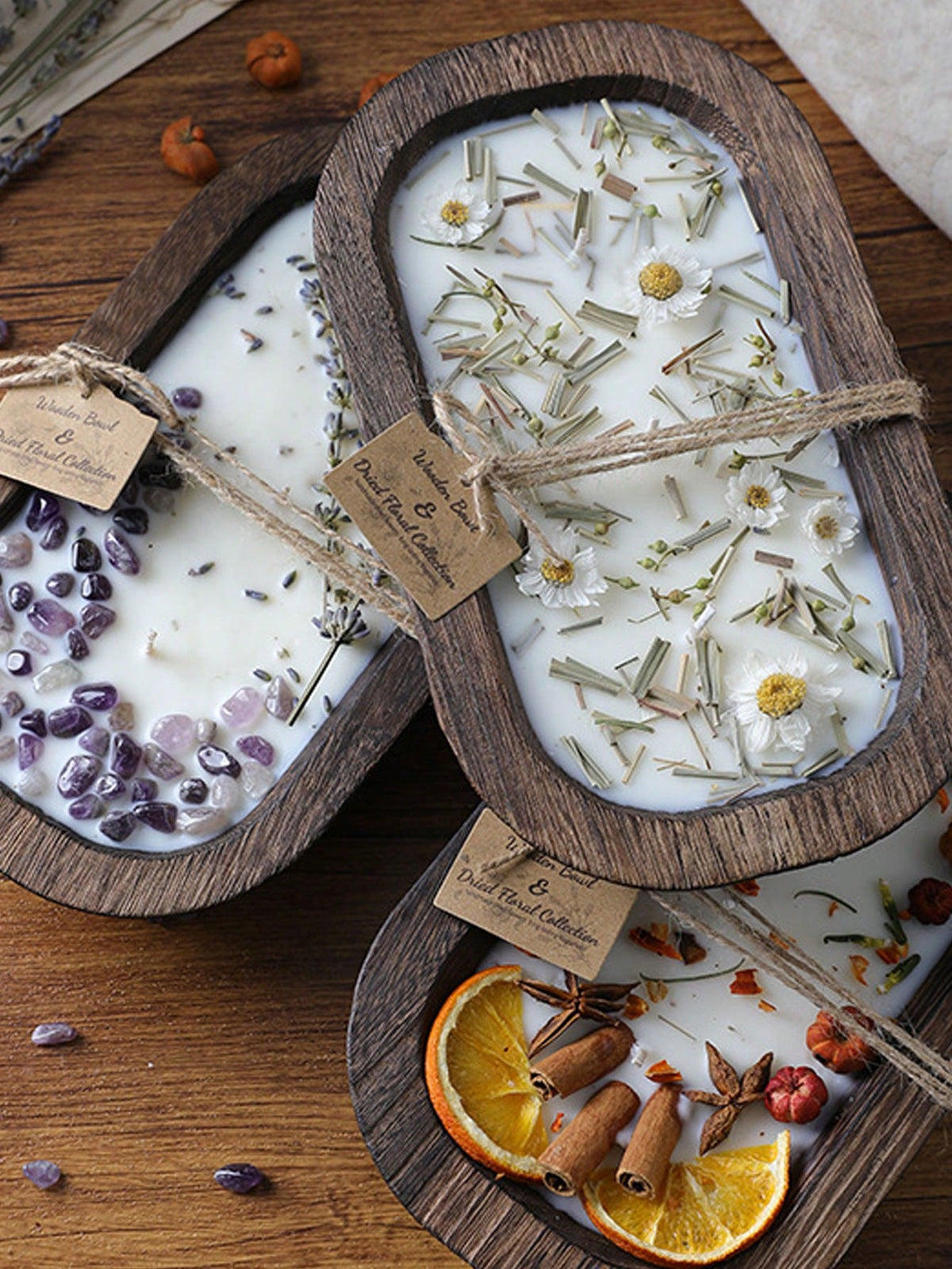 Atmospheric Dried Flower Wooden Bowl Scented Candle, INS Style Multi-Wick Smokeless Pure Plant Wax Home Decor Ornament