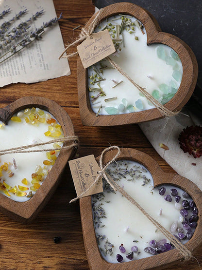 Atmospheric Dried Flower Wooden Bowl Scented Candle, INS Style Multi-Wick Smokeless Pure Plant Wax Home Decor Ornament