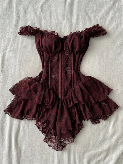 Attitoon Women's Casual Retro Corset Lace Bodycon Asymmetrical Hem Mini Dress, Suitable For Y2K,Dresses For Women Summer